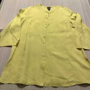 Eileen Fisher Irish Linen Button Front Tunic Top Size XL Quarter Sleeves Mustard